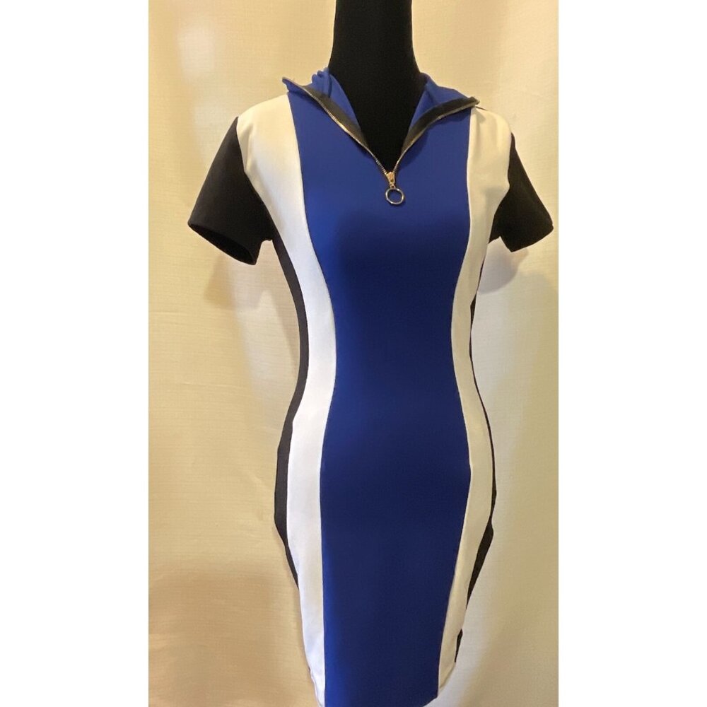 Vintage Bodycon Dress With Zipper Detail & Short Sleeves Blue/white/Black